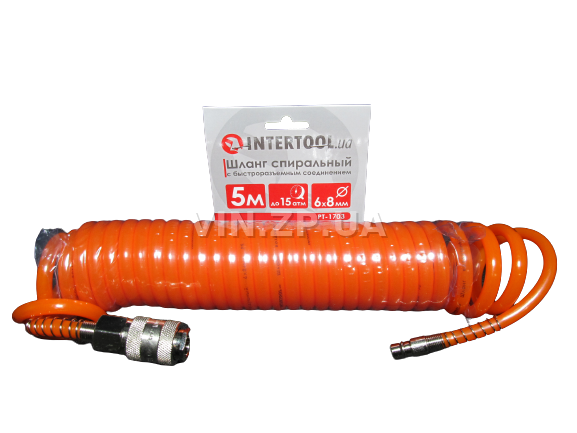 Шланг подкачки INTERTOOL 5м х 6,0 х 8мм, до 15 Атм, штуцерованный, спиральный, полиуретановый (42454)