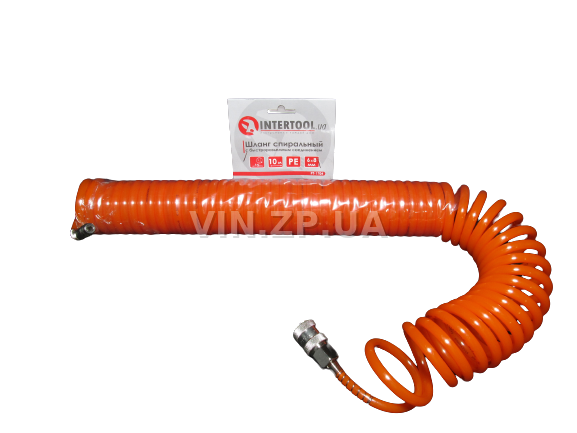 Шланг подкачки INTERTOOL 10м х 6,0 х 8мм, до 15 Атм, штуцерованный, спиральный, полиуретановый (42455)