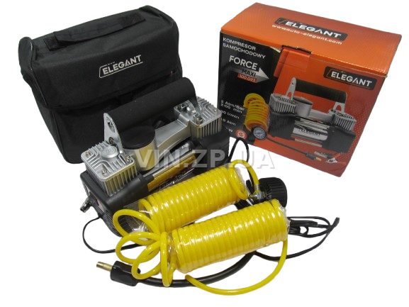 Компрессор автомобильный ELEGANT 300 Вт, 2-поршня ,10 Атм, 90 л/мин, зажимы на АКБ, спиральный.шланг до 7.5м, провод 3м 5