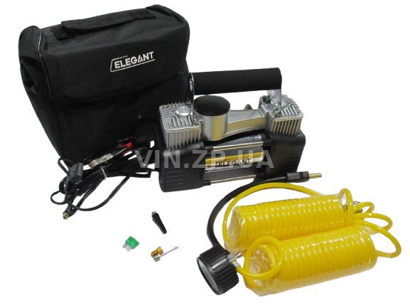 Компрессор автомобильный ELEGANT 300 Вт, 2-поршня ,10 Атм, 90 л/мин, зажимы на АКБ, спиральный.шланг до 7.5м, провод 3м 1