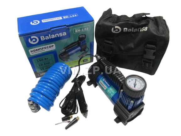 Компрессор автомобильный BALANSA 150 Вт, 10 Атм, 35 л/мин, в прикуриватель, съёмный спиральный шланг до 3м , провод 3м 5