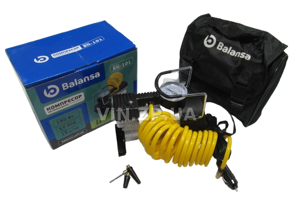 Компрессор автомобильный BALANSA 150 Вт, 10 Атм, 35 л/мин, в прикуриватель, спиральный шланг до 3м , провод 3м 4