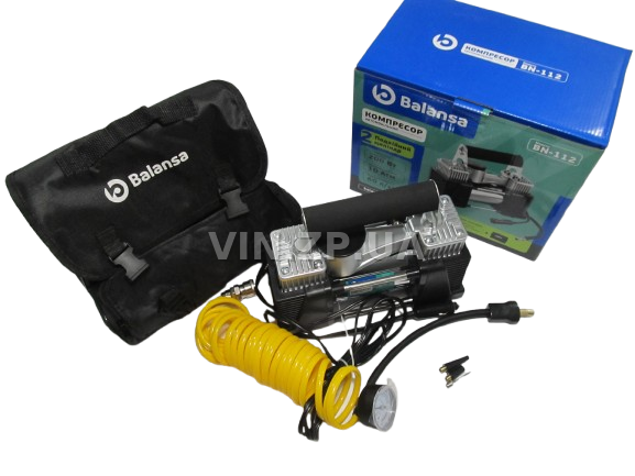 Компрессор автомобильный BALANSA 200 Вт, 2-поршня ,10 Атм, 60 л/мин, в прикуриватель, съёмный спиральный.шланг до 5 м, провод 3м 5