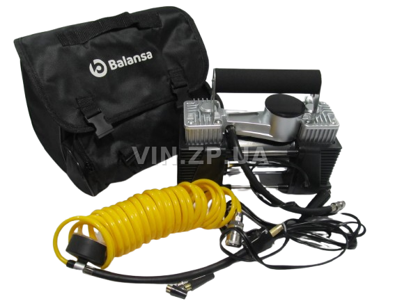 Компрессор автомобильный BALANSA 200 Вт, 2-поршня ,10 Атм, 60 л/мин, в прикуриватель, съёмный спиральный.шланг до 5 м, провод 3м 1