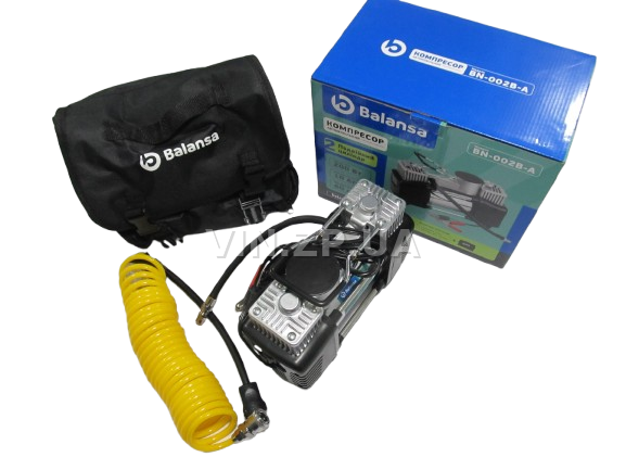 Компрессор автомобильный BALANSA 200 Вт, 2-поршня ,10 Атм, 60 л/мин, зажимы на АКБ, съёмный спиральный.шланг до 5 м, провод 3м 5