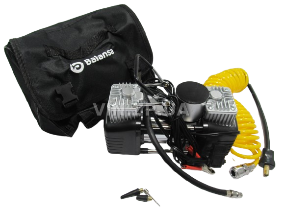 Компрессор автомобильный BALANSA 200 Вт, 2-поршня ,10 Атм, 60 л/мин, зажимы на АКБ, съёмный спиральный.шланг до 5 м, провод 3м 1