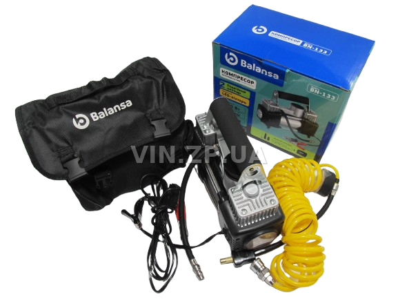 Компрессор автомобильный BALANSA 200 Вт, 2-поршня ,10 Атм, 60 л/мин, зажимы на АКБ, с фонарем,съёмный спиральный.шланг до 5 м, провод 3м 6
