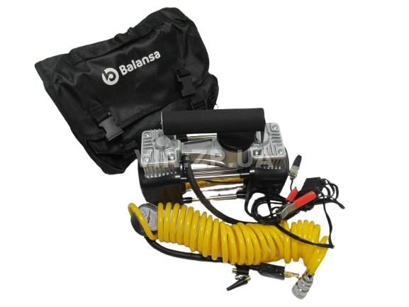 Компрессор автомобильный BALANSA 200 Вт, 2-поршня ,10 Атм, 60 л/мин, зажимы на АКБ, с фонарем,съёмный спиральный.шланг до 5 м, провод 3м 1